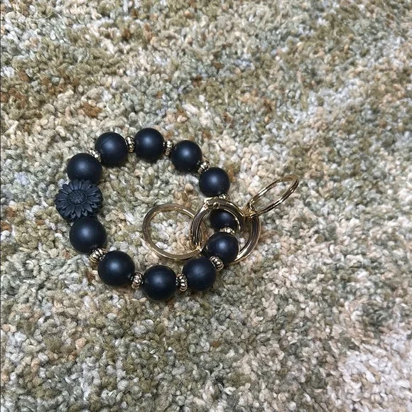 Sunflower Black & Gold Silicone Beaded Keychain Bracelet Wristlet Gold Hardware - Picture 1 of 5